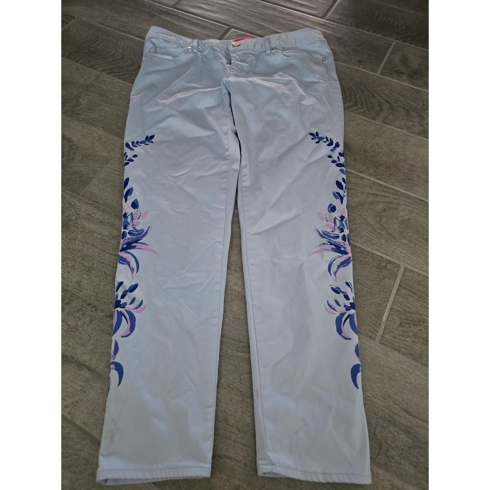Lilly Pulitzer Women 14 Light Blue Floral Graphic Straight Leg Pants Mid Rise